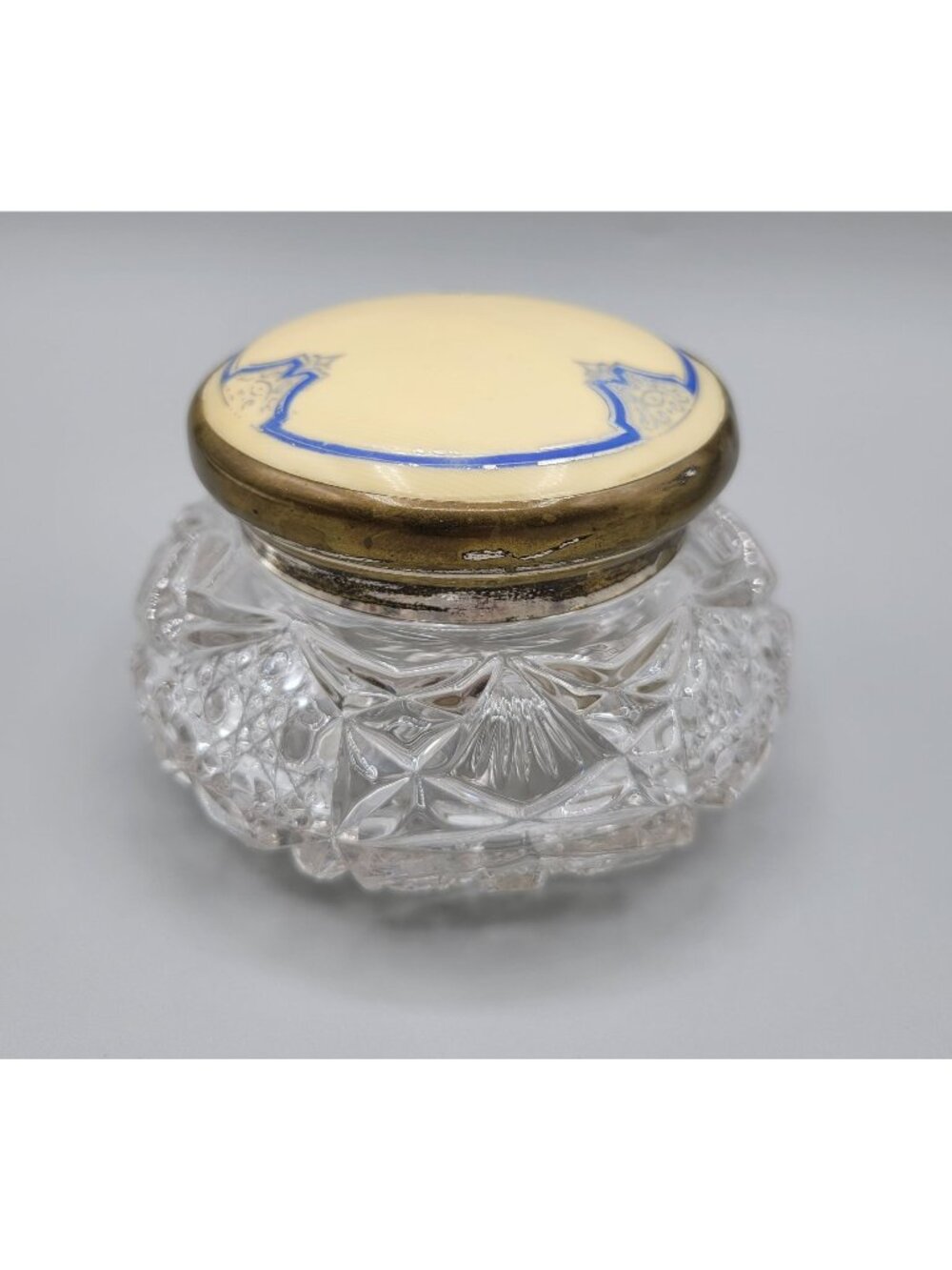 Vanity Jar Art Deco EAPG Clear Glass Celluloid Metal Lid Victorian Dresser Jar